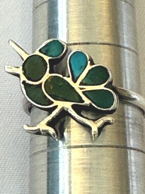VINTAGE ZUNI INLAY ROADRUNNER RING 5.25 BLUE GREEN TURQUOISE STERLING SILVER